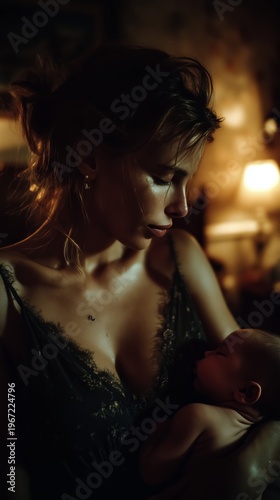Exhausted Young Mother Cradling Sleeping Infant at Night — Intimate Lowlight Portrait