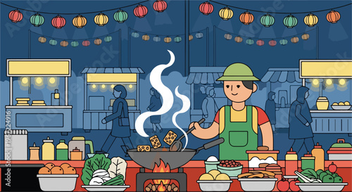 A chef prepares food in a lively outdoor night market with hanging lanterns
