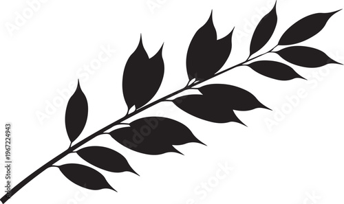 Black silhouette of a leafy branch on white background