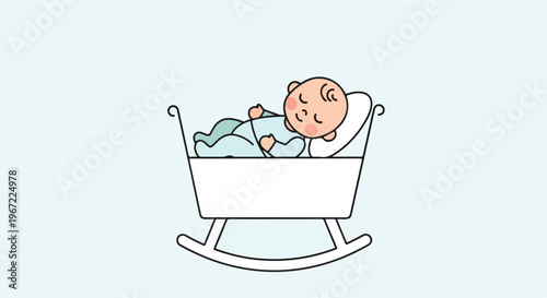 A cute cartoon drawing of a peaceful infant sleeping in a traditional baby crib