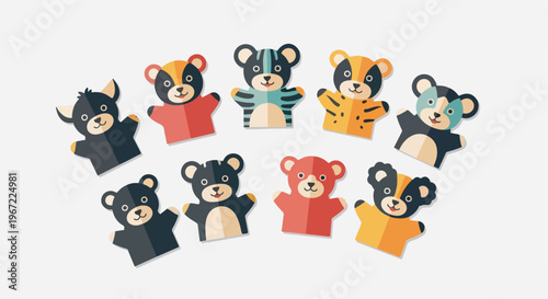 A collection of cute bear-shaped hand puppets arranged in two arched rows