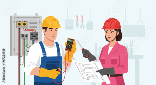 Two electrical engineers examining a circuit diagram with a digital multimeter