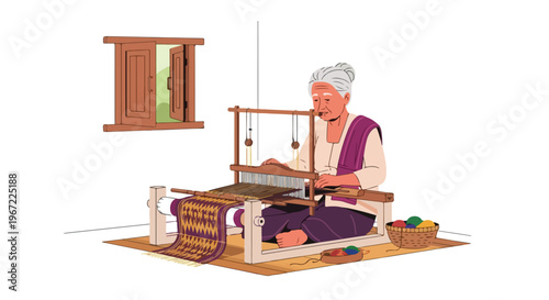 An elderly woman sits on the floor weaving fabric on a traditional wooden loom