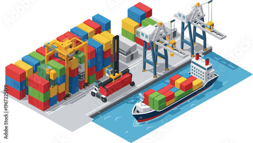 Isometric Container Port Terminal with Cargo Ship, Gantry Cranes, and Freight Containers for Global Logistics and Shipping Industry