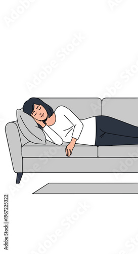 A young woman with dark hair sleeping peacefully on a comfortable grey sofa