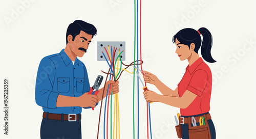 A man and a woman are working together to repair electrical wiring and circuits