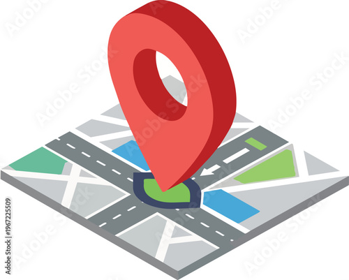 Isometric 3D Map Pin Location Icon with Navigation GPS Marker on Street Map Segment Isolated on White Background