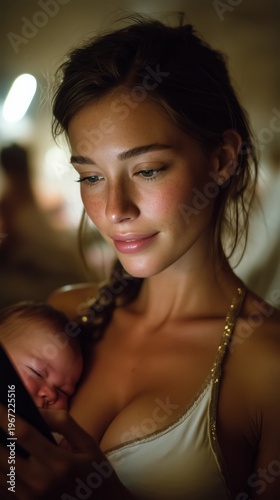 Young Mother Holding Newborn Baby While Using Smartphone — Intimate Low‑Light Portrait
