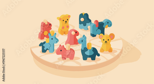 A collection of stylized, colorful animal figures arranged on a circular stage