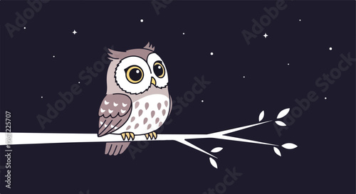 A cute cartoon owl sitting on a thin white tree branch against a starry sky