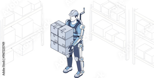 Isometric Warehouse Worker in Robotic Exoskeleton Suit Lifting Heavy Boxes Illustration