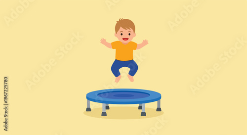A happy young boy joyfully bouncing in the air above a blue circular trampoline