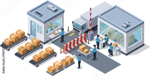 Isometric Logistics Terminal and Customs Checkpoint with Cargo Truck and Staff Processing Shipments
