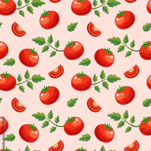 Seamless pattern with fresh red tomatoes slices and green leaves in vibrant flat design style on soft pastel background