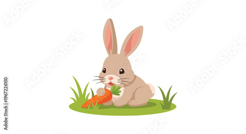 A cute cartoon brown rabbit sitting on green grass while holding an orange carrot