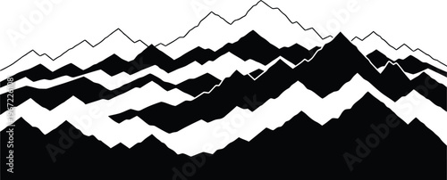 Black and white mountain peaks silhouettes panorama