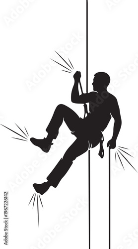 Black silhouette of a man rock climbing white background