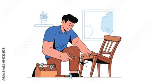 A man uses a screwdriver to repair a broken leg on a wooden chair indoors