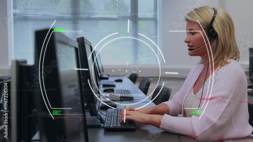 Animation of data proessing over caucasian businesswoman in office