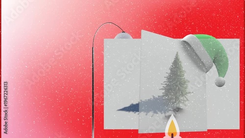 Animation of snow falling over green santa hat over placard with christmas tree