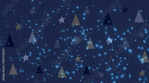 Animation of spots of light over multiple christmas tree and star icons against blue background