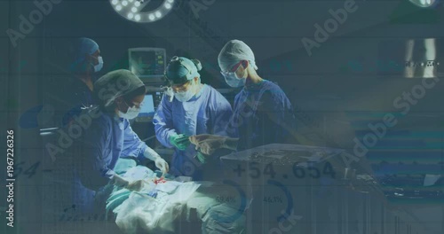Animation of statistical data processing over team of surgeons performing surgery at hospital