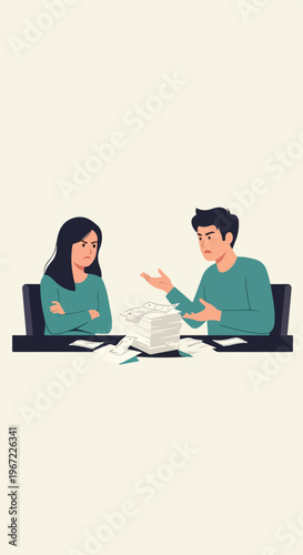 A man and a woman sitting at a table having a serious argument about money