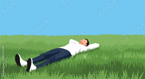 A man wearing a white shirt and dark pants rests peacefully in a green meadow