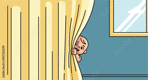A small baby peeks out from behind yellow curtains near a window in a room