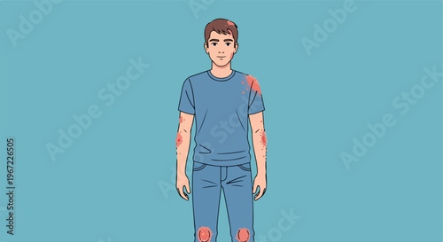 Illustration of a young man standing and displaying skin rash on his body parts
