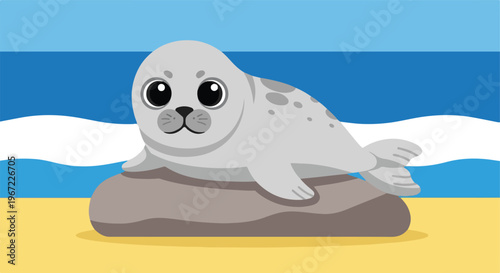 A cute cartoon seal with large dark eyes resting on a brown rock by the ocean
