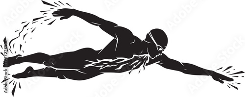 Black silhouette of a man swimming white background