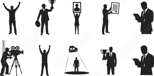 Achievement silhouette illustration, professional recognition vector, media production artwork, success celebration graphic, career presentation icons, flat vector illustration, workplace design