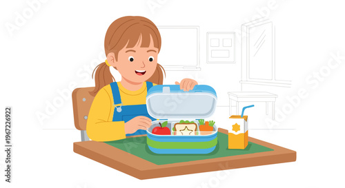 A young schoolgirl sitting at a wooden desk opens her colorful lunchbox to eat