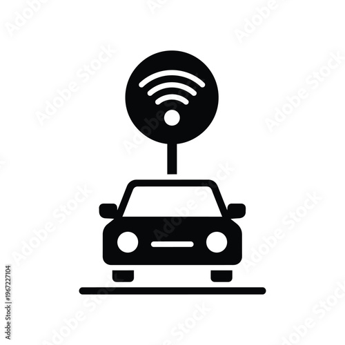 Modern black silhouette of a smart car with a wireless internet signal symbol representing connected vehicle technology, autonomous driving systems, and mobile hotspot connectivity.