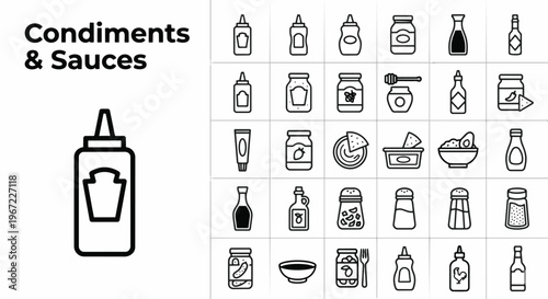 Professional condiments and sauces icon set featuring ketchup, mustard, mayonnaise, soy sauce, hot sauce, honey, jam, and various dips in a clean linear outline style for culinary branding.