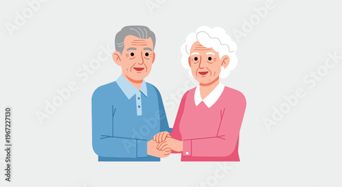 An elderly man and woman standing together and holding hands in a simple style