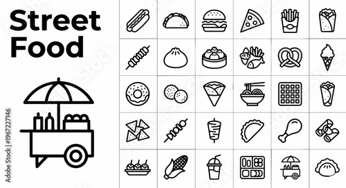Professional street food icon set featuring a food cart, hot dogs, tacos, burgers, pizza, fries, kebabs, donuts, and international snacks in a clean linear outline style for menus and food delivery.