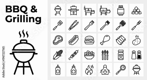 Professional BBQ and grilling icon set featuring charcoal grills, gas smokers, spatulas, tongs, meat cuts, burgers, hot dogs, and barbecue