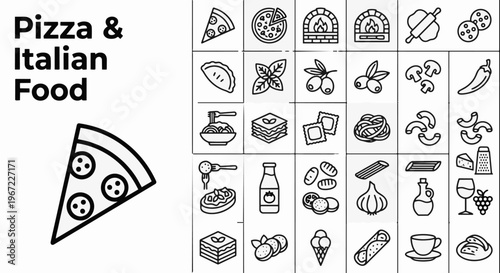 Professional pizza and Italian food icon set featuring pizza slices, brick ovens, various pasta types, lasagna, ravioli, and traditional ingredients in a clean linear outline style for restaurant menu