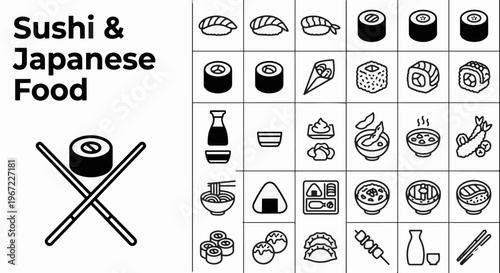 Professional sushi and Japanese food icon set featuring nigiri, maki rolls, temaki, sashimi, ramen, onigiri, bento boxes, and traditional appetizers in a clean linear outline style for restaurant menu