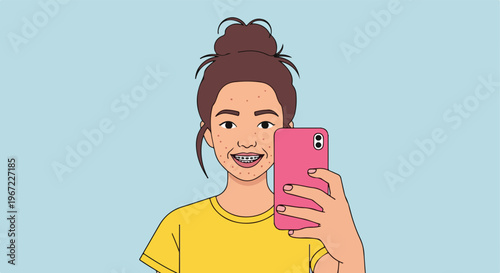 A teenage girl with acne and braces taking a selfie with a pink smartphone device