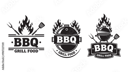 BBQ grill logos with flames, spatulas, and forks, presented in a stylized black and white graphic design.