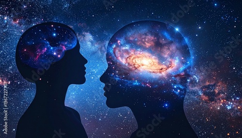 Silhouette of a human brain filled with rotating galactic nebulae, stars forming neural pathways