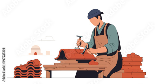 An artisan wearing an apron works with clay tiles at a table in a workshop area