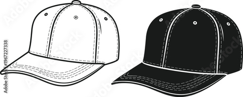 Baseball cap outline and silhouette set, classic adjustable hat mockup vector illustration for fashion branding merchandise design isolated on white
