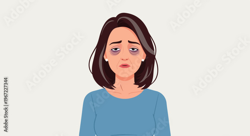 A distressed middle-aged woman looking exhausted with dark circles under her eyes