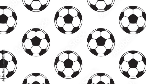 Soccer balls patterned graphic with black and white pentagon and hexagon shapes repeated across a white background for sports.