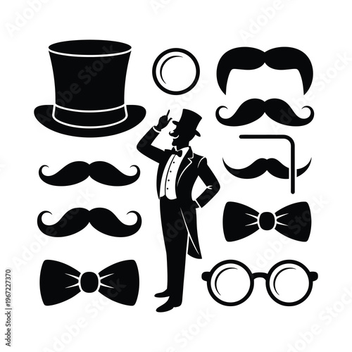 Vintage  top hat, mustaches, monocle, bow tie, glasses, and circus performer.