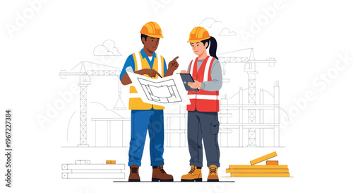 Two construction workers in hard hats reviewing building plans at a job site